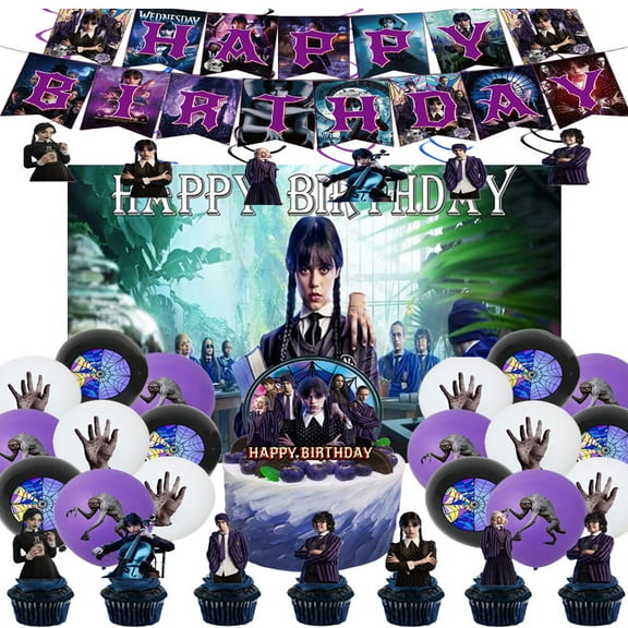 Wednesday party supplies and decorations include birthday banners, balloons, cake holders, and Wednesday-themed backdrops.
