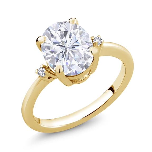 Gem Stone King 18K Yellow Gold Plated Silver White Moissanite and White Created Sapphire 3 Stone Ring for Women (3.03 Cttw, Oval 10X8MM, Gemstone Birthstone, Size 9)