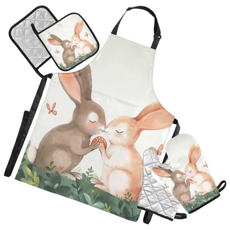 Couple Rabbit with Strawberry 5 Pcs Kitchen Set Heat Resistant Oven Mitts and Non-Slip Pot Holders with Adjustable Cooking Apron