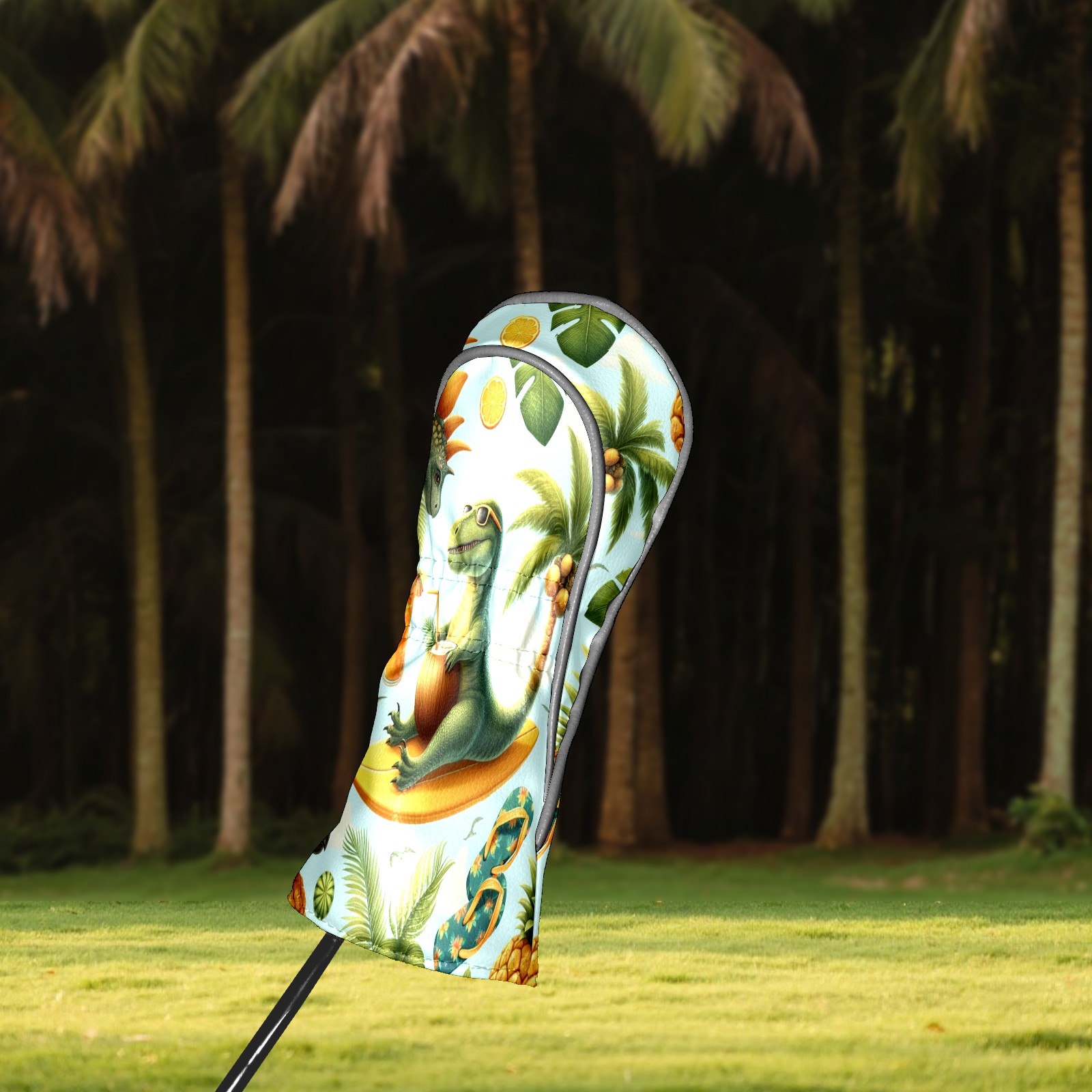 Golf Club Covers, Green Dino Tropical Premium PU Leather Driver Hybrid Putter Head Covers with Velvet Lining, Waterproof Golf Gifts for Men Women