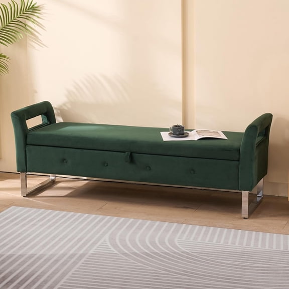 67.9'' End of Bed Storage  King Size,Tufted Velvet Ottoman with Storage,Upholstered Ottoman  W/Silver Legs&Arms,Flip- lid,Ottoman  King Bed  for Living Room (Green)
