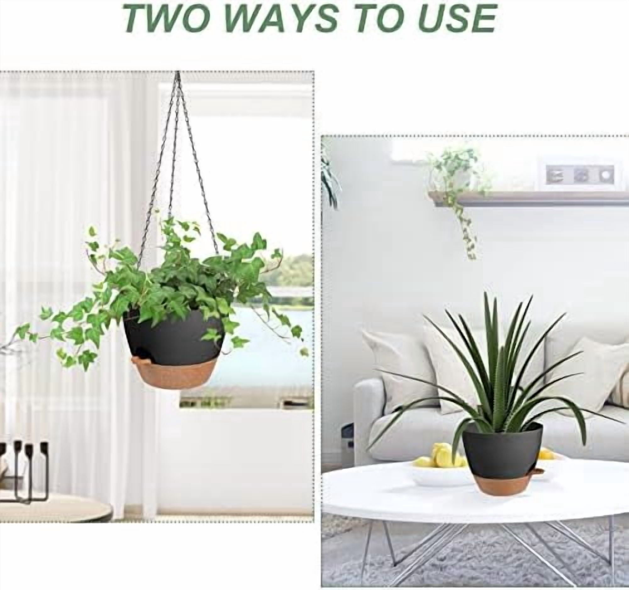 Hanging Planters for Indoor Outdoor Plants, 2 Pack Self Watering Hanging Pot with Drainage Holes & Removable Tray (Black, 8'')