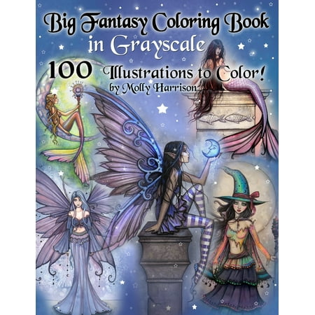 Big Fantasy Coloring Book in Grayscale - 100 Illustrations to Color by Molly Harrison: Grayscale Adult Coloring Book featuring Fairies, Mermaids, Witches, and More! 100 Pages to Color! (Paperback)