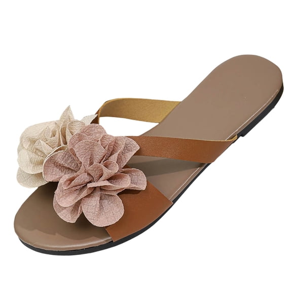 HomeDM Women's Open Toe Flat Sandals Dressy Floral Slides Slip On Comfortable Beach Sandals, Brown Size 7.5