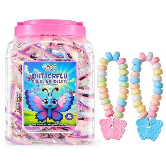 50 Butterfly Candy Bracelets, Novelty Pastel Candy Bracelets with Butterfly Charm, Cute Individually Wrapped Butterfly Party Favors, by 4YoreElves