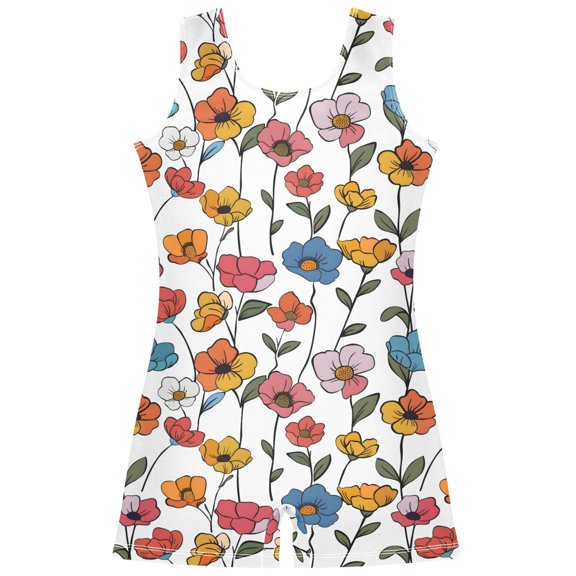 Gymnastics Leotard Sleeveless Simple Colorful Flower Species Cute Bright Stretchy Dance Bodysuit Breathable Athletic Ballet Yoga Outfit for Ages 3-14