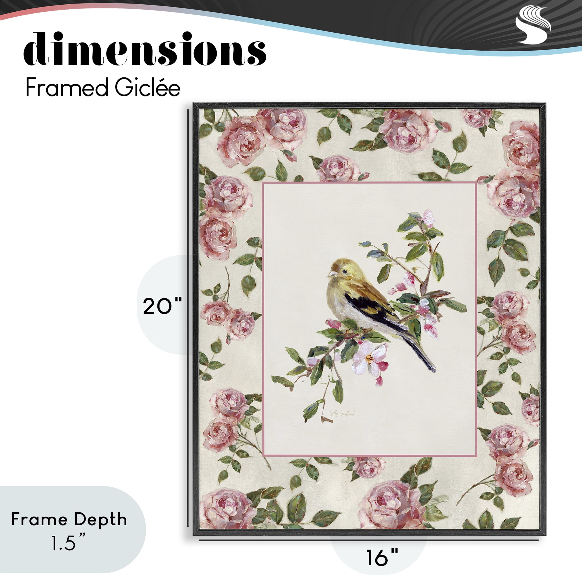 Stupell Industries Perched Bird with Dainty Roses Black Framed Giclee Art, design by Sally Swatland