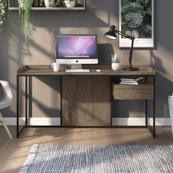 Jaxon 1-Drawer Wood Writing Desk with USB Ports, Matte Black and Rustic Oak