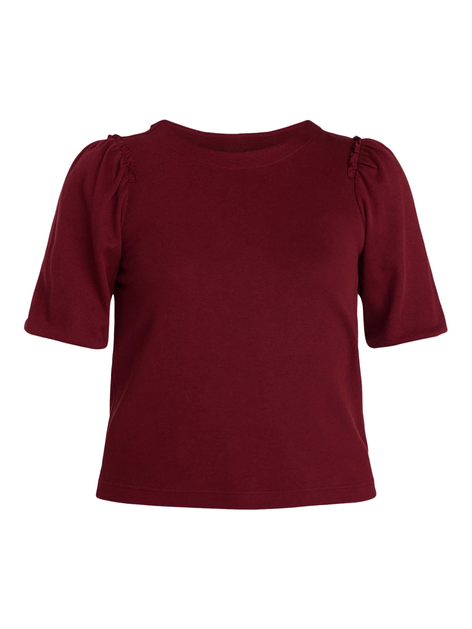 Time and Tru Women's Cotton Crewneck Tee with Puff Sleeves, Sizes XS-XXXL