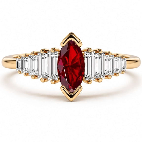 vylahjewellery Marquise Red and Baguette Moissanite Ring, V Prong Engagement Ring for Women, July Birthstone Statement Band