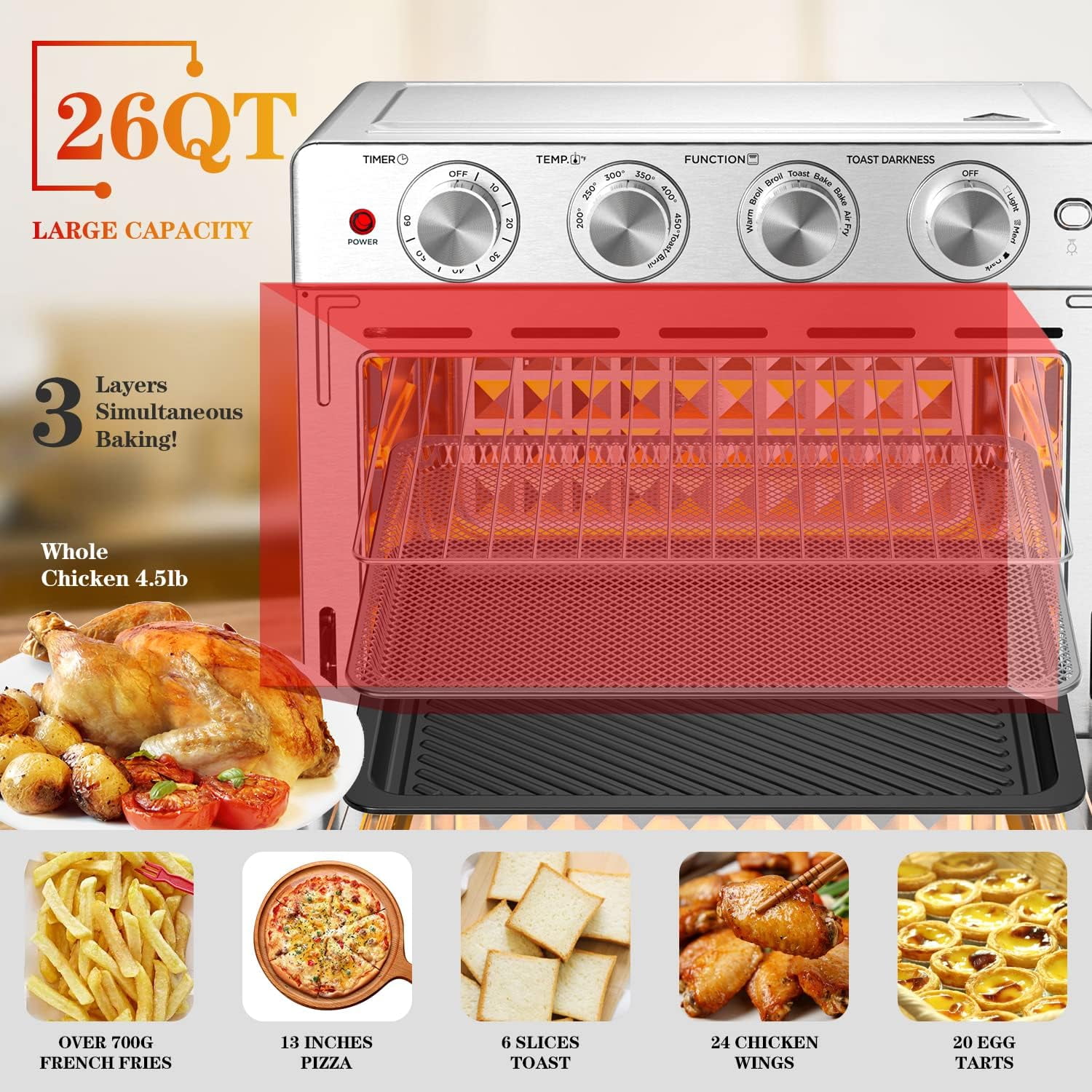 6 Slice 26QT/26L Air Fryer Fry Oil-Free, Extra Large Toaster Oven Combo, Air Fryer Oven, Roast, Bake, Broil,Convection Countertop Oven, Accessories Included, Stainless Steel