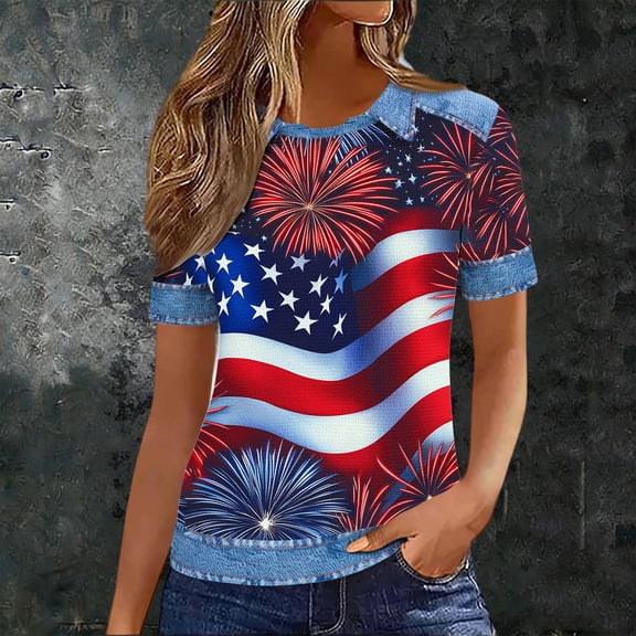 Goodtrade8 July 4th T Shirts for Women Summer Independence Day Pullover Short Sleeve Casual American Red White and Blue , Red White and Blue Graphic Juniors Tops Crew Neck