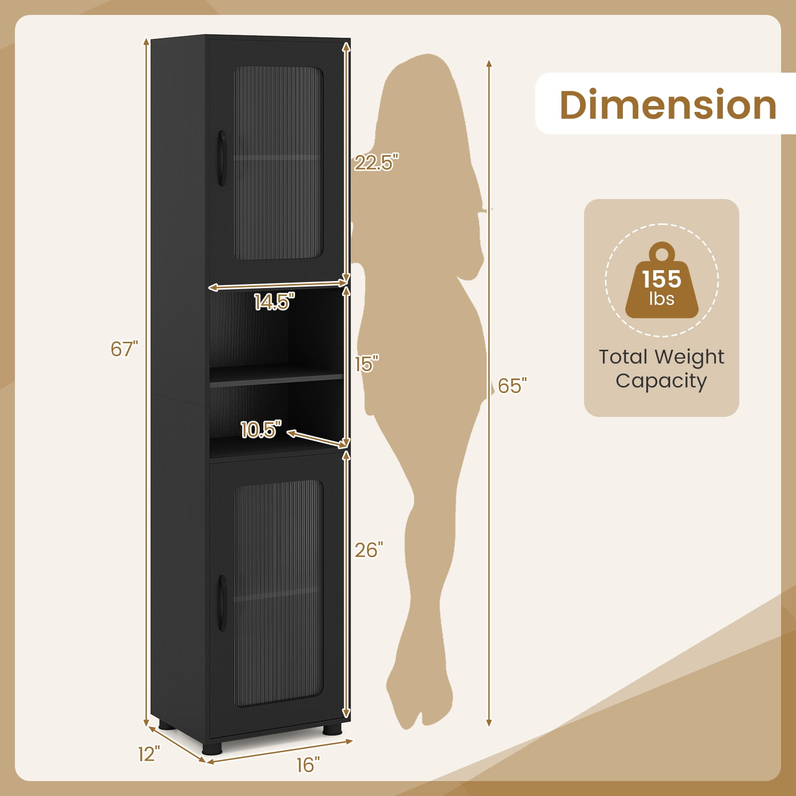 Costway Bathroom Cabinet, Slim Floor Storage Cabinet with 2 Fluted Doors,4 Rubber Feet Black