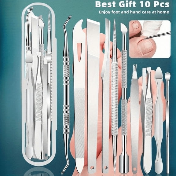 10pcs Professional Pedicure and Manicure Tool Set - Stainless Steel Foot, Hand, and Nail Care Kit for Ingrown Nails and Removal