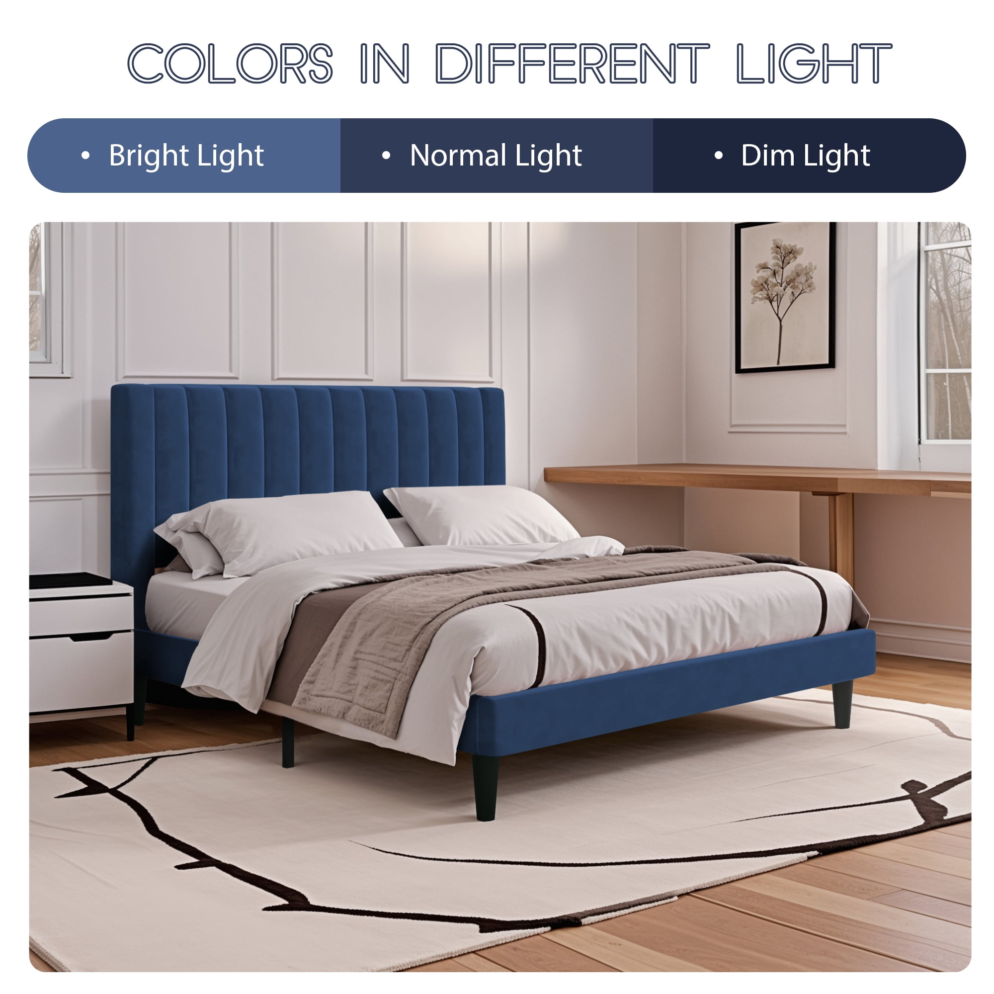 Einfach King Size Platform Bed Frame with Upholstered Velvet Vertical Headboard, Blue