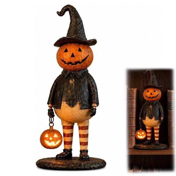 Pumpkin Witch Lantern Figurine – Glowing Hat Staff Wizard Statue, Spooky Whimsy Vintage Gothic Resin Halloween Home Decor, Handpainted Gift