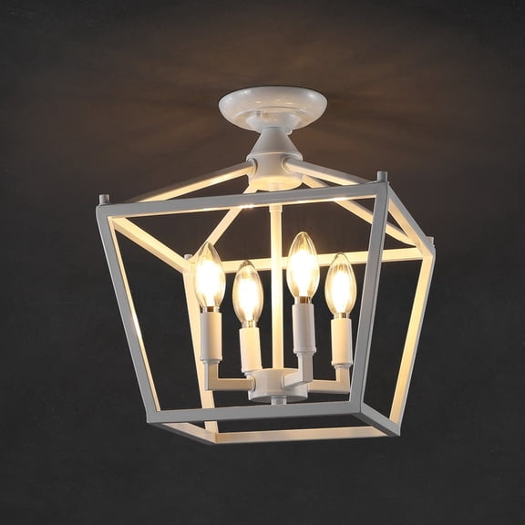 JONATHAN Y Plains Mini Lantern 12" 4-Light Iron Modern Farmhouse Pagoda LED Semi Flush Mount Lantern, White, JYL7610E
