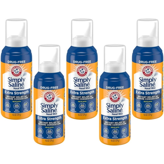 5 Pack - Simply Saline Adult Nasal Mist Extra Strength For Severe Congestion 4.6 oz Each