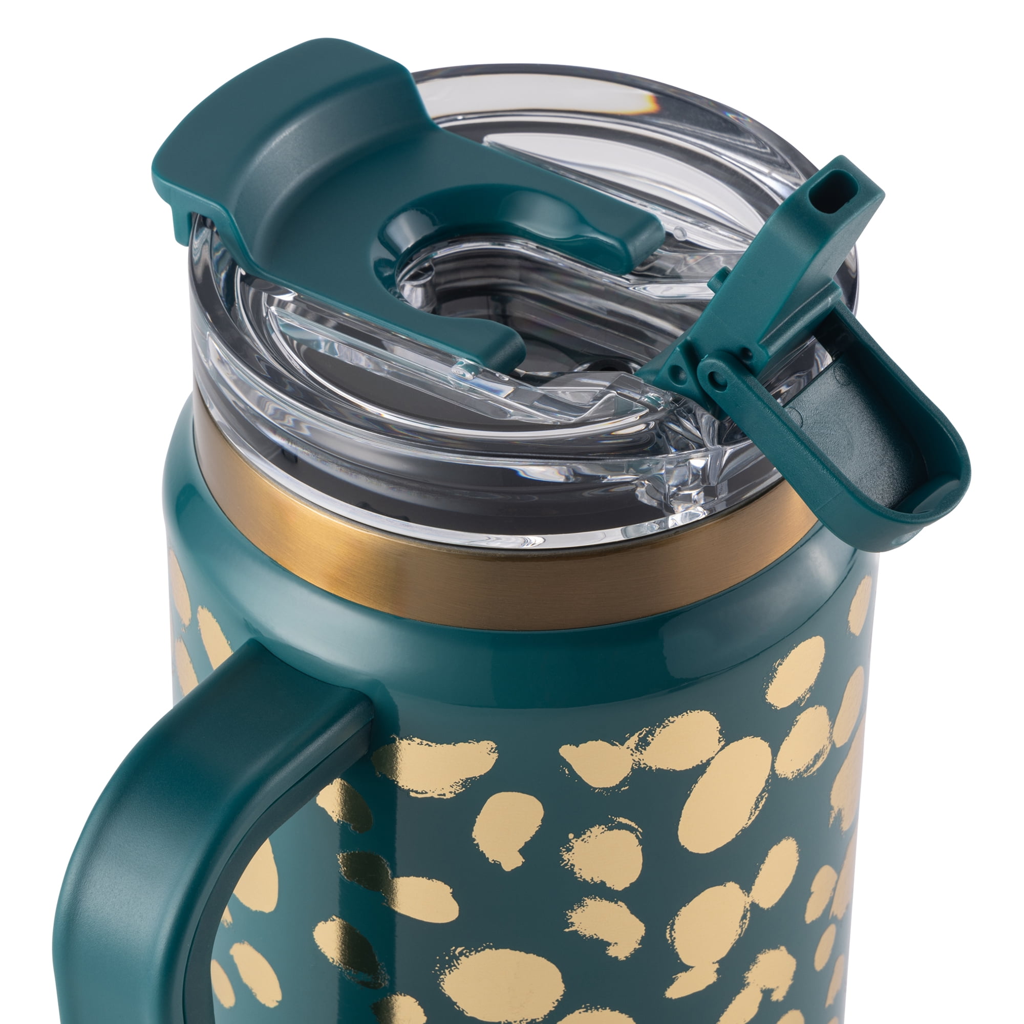 Thyme & Table Luna 32 fl oz Stainless Steel Tumbler with Handle and 2-in-1 Lid, Teal & Gold Dot