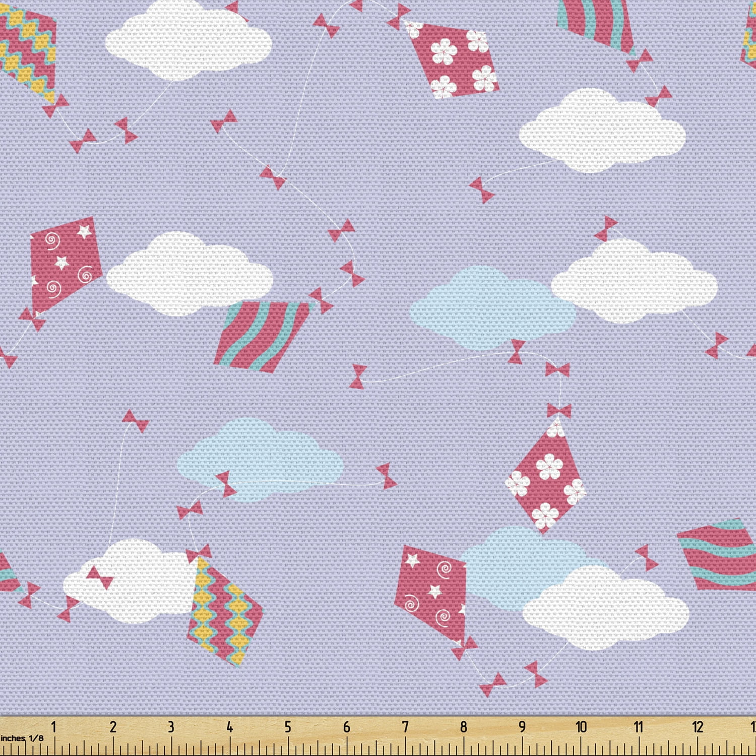 Kites Fabric by the Yard, Ornate Kites with Flowers Spirals Wavy Stripes Stars Clouds Ribbons on