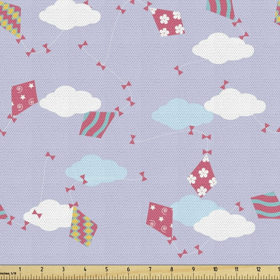 Kites Fabric by the Yard, Ornate Kites with Flowers Spirals Wavy Stripes Stars Clouds Ribbons on Lilac Sky, Decorative Upholstery Fabric for Chairs & Home Accents, 5 Yards, Multicolor by Ambesonne