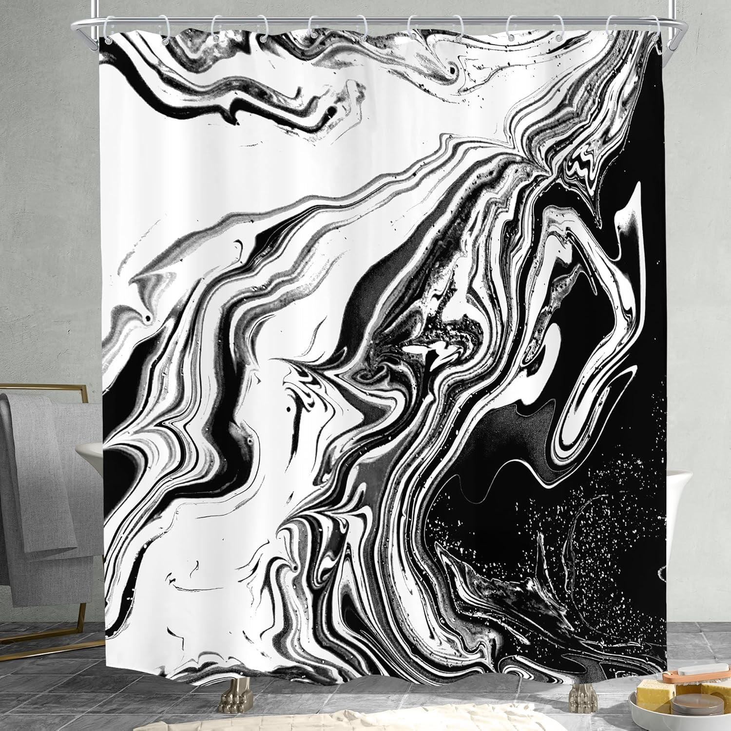 Black White Marble Shower Curtain for Bathroom Decor 72Wx72H Inches Abstract Modern Ombre Ink Texture Aesthetic Minimalist Fluid Liquid Luxury for Men Fabric Waterproof Polyester 12 Pack Hooks