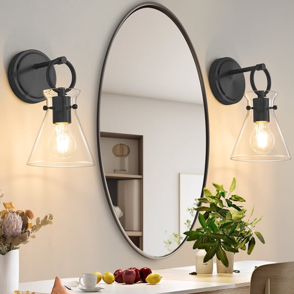 Deyidn 11.42 inch Black Modern Wall Sconces, Set of 2 Industrial Lights with Clear Cone Glass Shades for Bedroom Hallway