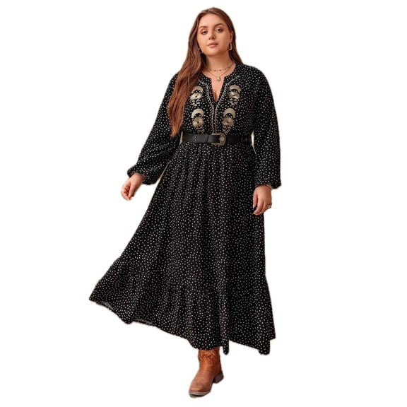 Women's Plus Size Embroidered Polka Dot Notched Long Sleeve Dress 95% Polyester 5% Elastane Comfortable Everyday Fit