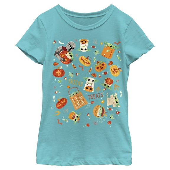 Girl's Star Wars: The Mandalorian Trick or Treat Grogu  Graphic Tee Tahiti Blue Small