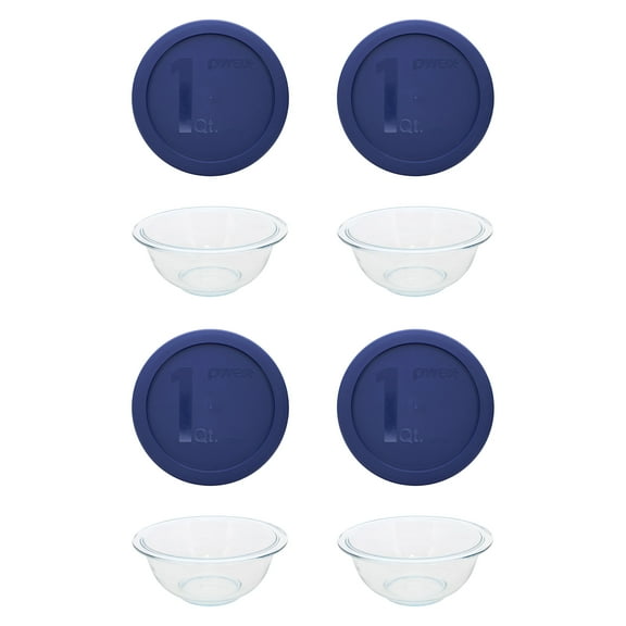 Pyrex (4) 322 1qt Glass Mixing Bowls and (4) 322-PC 1qt Blue Mixing Bowl Lids