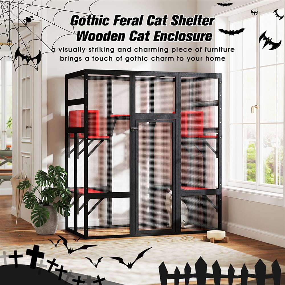 GVN Cat Catio Enclosure, Cat Cage House,Gothic Outdoor Large Cat Catio, Wood Cat Enclosure with Platforms and Condos, Black and Red