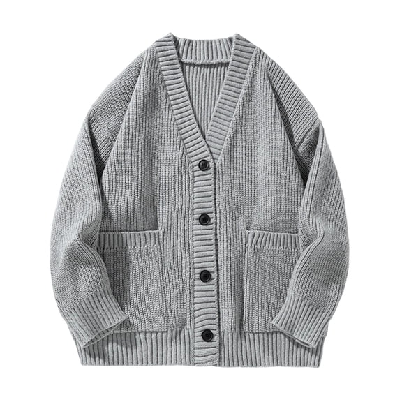 Mens Cardigan Sweater Button Down Long Sleeve V Neck Cable Knit Sweater with Pockets Grey M