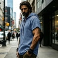thumbnail image 6 of Jovrlynd Hoodies for Men Short Sleeve Cotton Linen Drawstring Summer Casual Hooded Shirts V Neck Pullover Tee Tops, S-3XL, 6 of 9