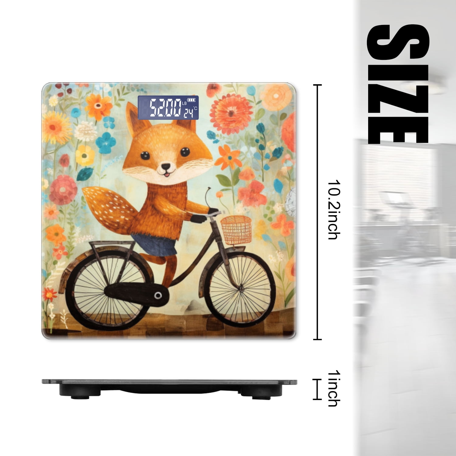 High Precision Body Weight Scale Smart Bathroom Scales with Large LCD Display(400lbs),Decorative for Bedroom-Cute Fox Riding Bicycle And Surrounded By Colorful Flowers