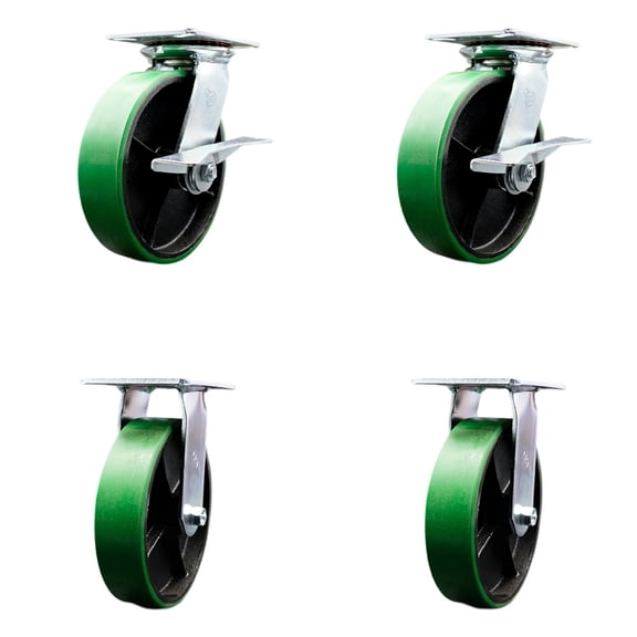 8 Inch Green Poly on Cast Iron Caster Set with Roller Bearing 2 Brakes 2 Rigid