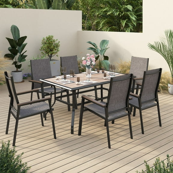 Sophia&William 7-Piece Outdoor Patio Dining Set Textilene Chairs & Wooden-like Table, Gray