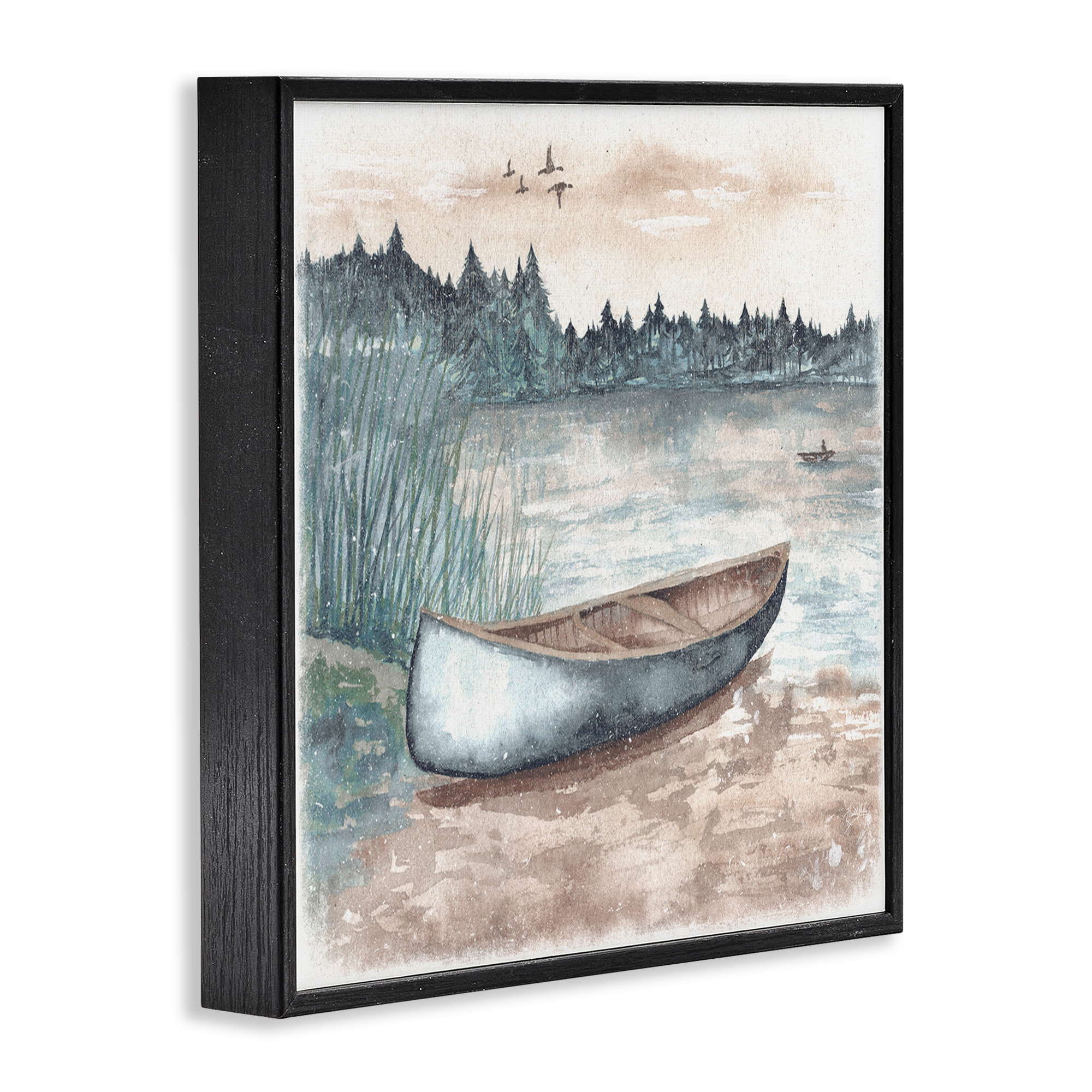 Stupell Industries Canoe on Lake Shore Landscape Painting Black Framed Art Print Wall Art, 24 x 24
