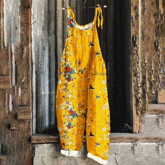 One Piece Jumpsuits for Women Dressy Casual Sleeveless Crewneck Wide Leg Rompers Jumpers Vacation Summer Outfits Yellow XXXXL