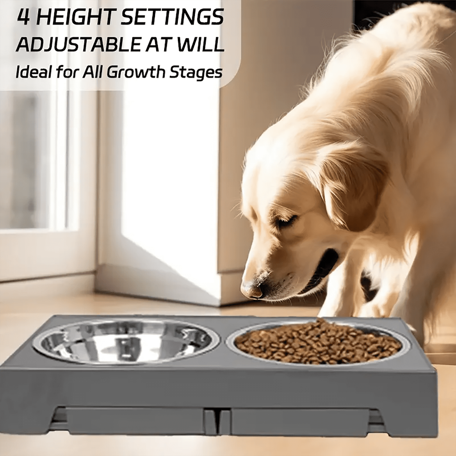 Asunby Adjustable Elevated Pet Bowls - 4-Height Raised Stand with Twin 50oz Stainless Steel Bowls, Non-Slip, Fits Small, Large Pets (3.2” to 11.8”)