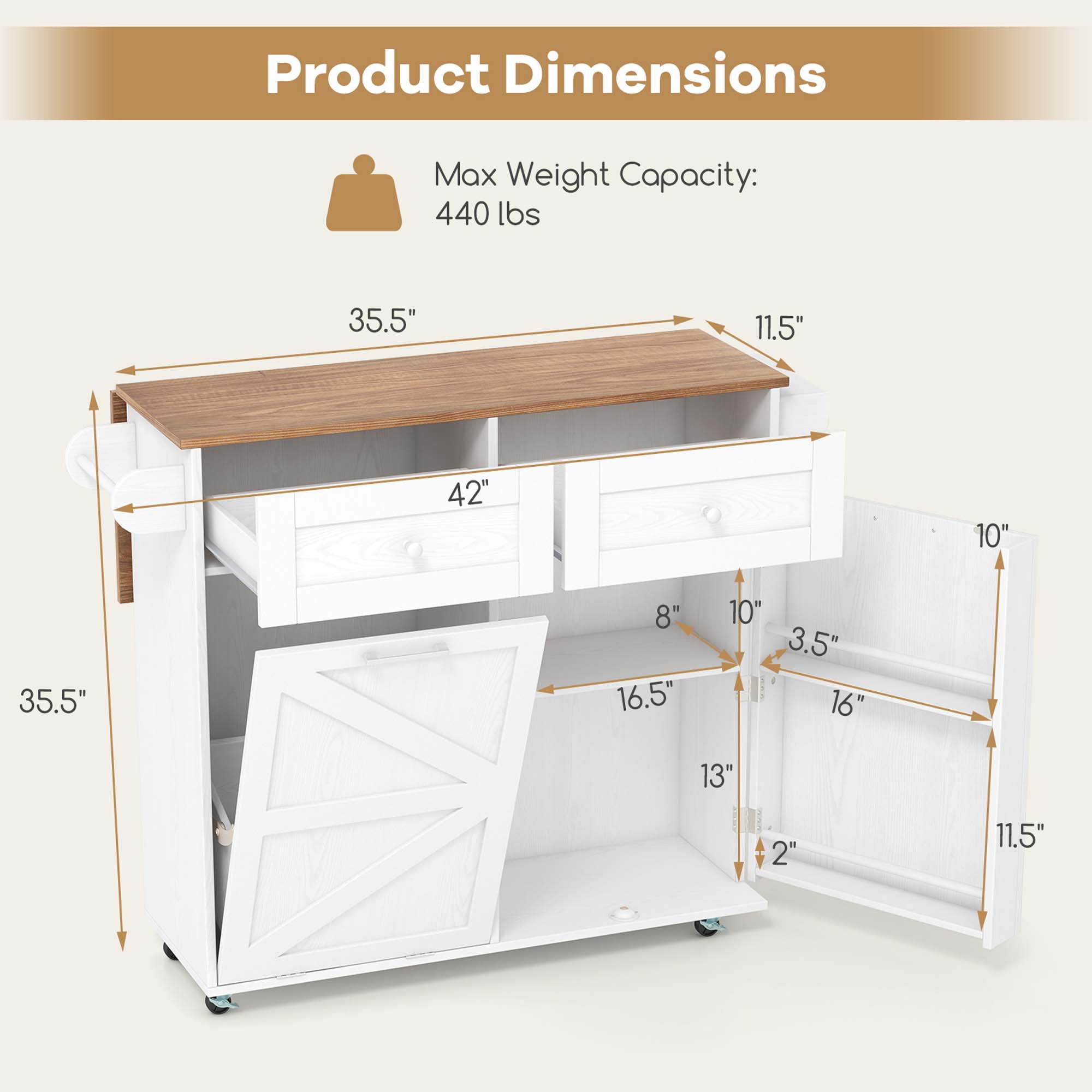 Costway Rolling Kitchen Island Kitchen Island Cart with Drop Leaf Trash Can Cabinet White