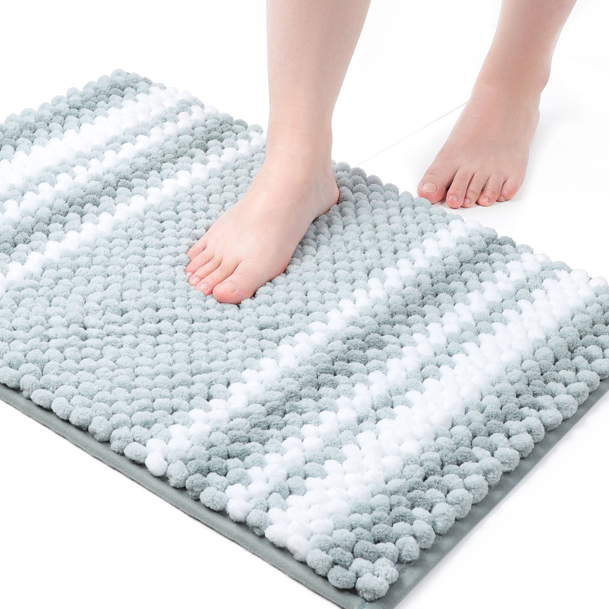 Unique Bargains Chenille Bathroom Rug Set of 2 Soft Fluffy Striped Bath Mat Light Cyan 17x24" & 20x32"