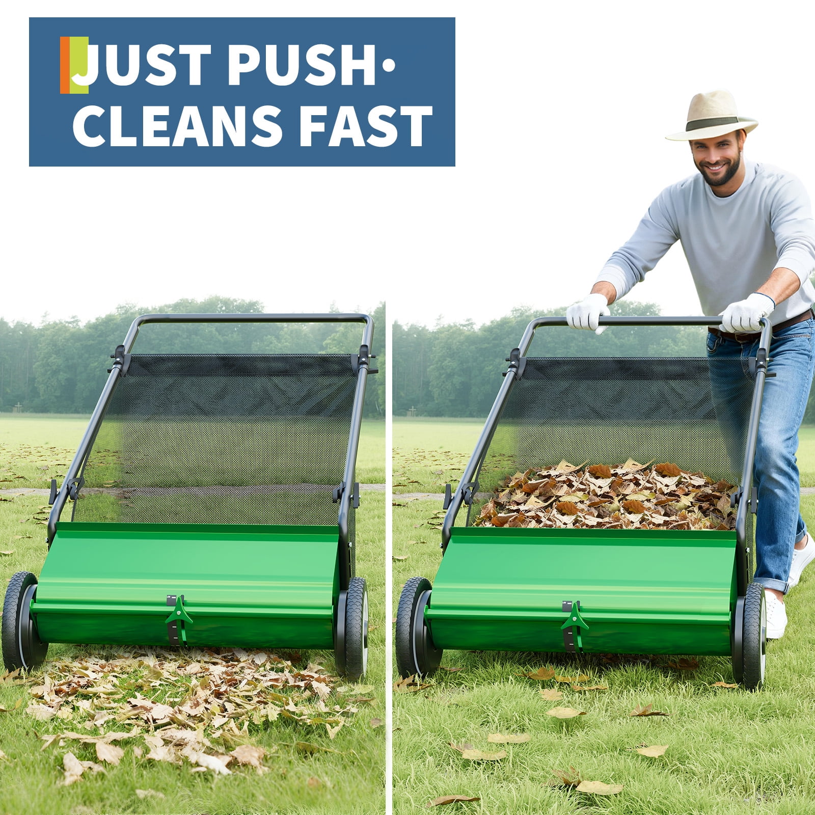26-Inch Push Lawn Sweeper with 4-Brush System & Large 7 cu. ft. Hopper Bag, Lawn and Leaf Cleanup Collector with Durable Wheels, Ideal for Grass, Lawn and Leaf Cleanup