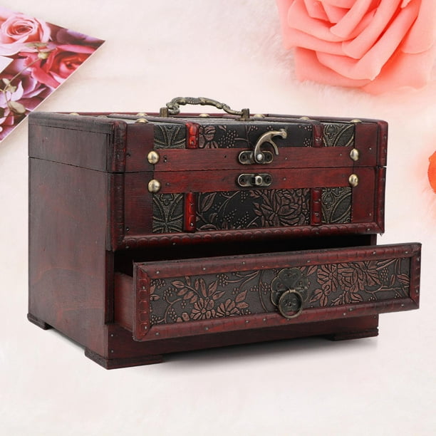 Peahefy Jewelry Box,Vintage Wooden Jewelry Box Case Holder Necklace Earrings  Storage Box Organizer with Mirror, Wooden Box 