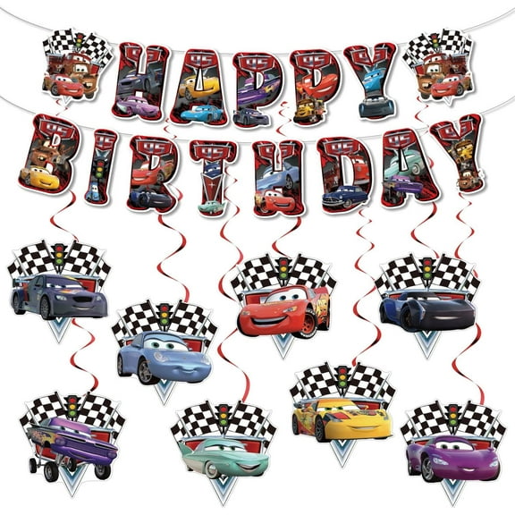 Cars Birthday Decorations Include Swirls Of Hanging Cartoon Cars And Happy Birthday Baby Banners, As Well As Party Favors For Children