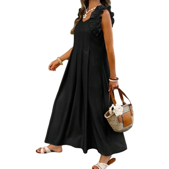 CIENVNSTG Womens Formal Dresses Ruffled Solid Casual Elegant Work Dresses Summer Sleeveless O Neck Loose Going Out Dress Black 2XL