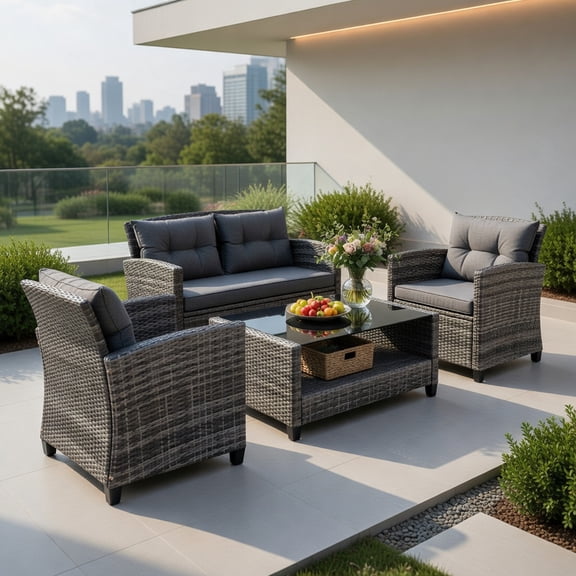 Kadyn 4-Piece Outdoor Rattan Patio Furniture Set – Gray Wicker Loveseat, 2 Single Sofas & Coffee Table with Weather-Resistant Cushions