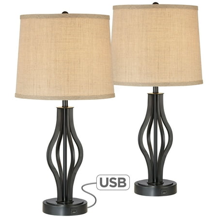 Americana Bronze Table Lamp (360 Lighting Modern Table Lamps Set of 2 with USB Charging Port Iron Bronze Drum Shade for Living Room Family Bedroom)