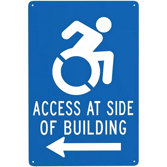Handicap Parking Sign (Access At Side Of Building Left Arrow) - 8"x12" Metal Security Tin Warning Sign, Accessibility Decor for Street Business Home Parking Lot