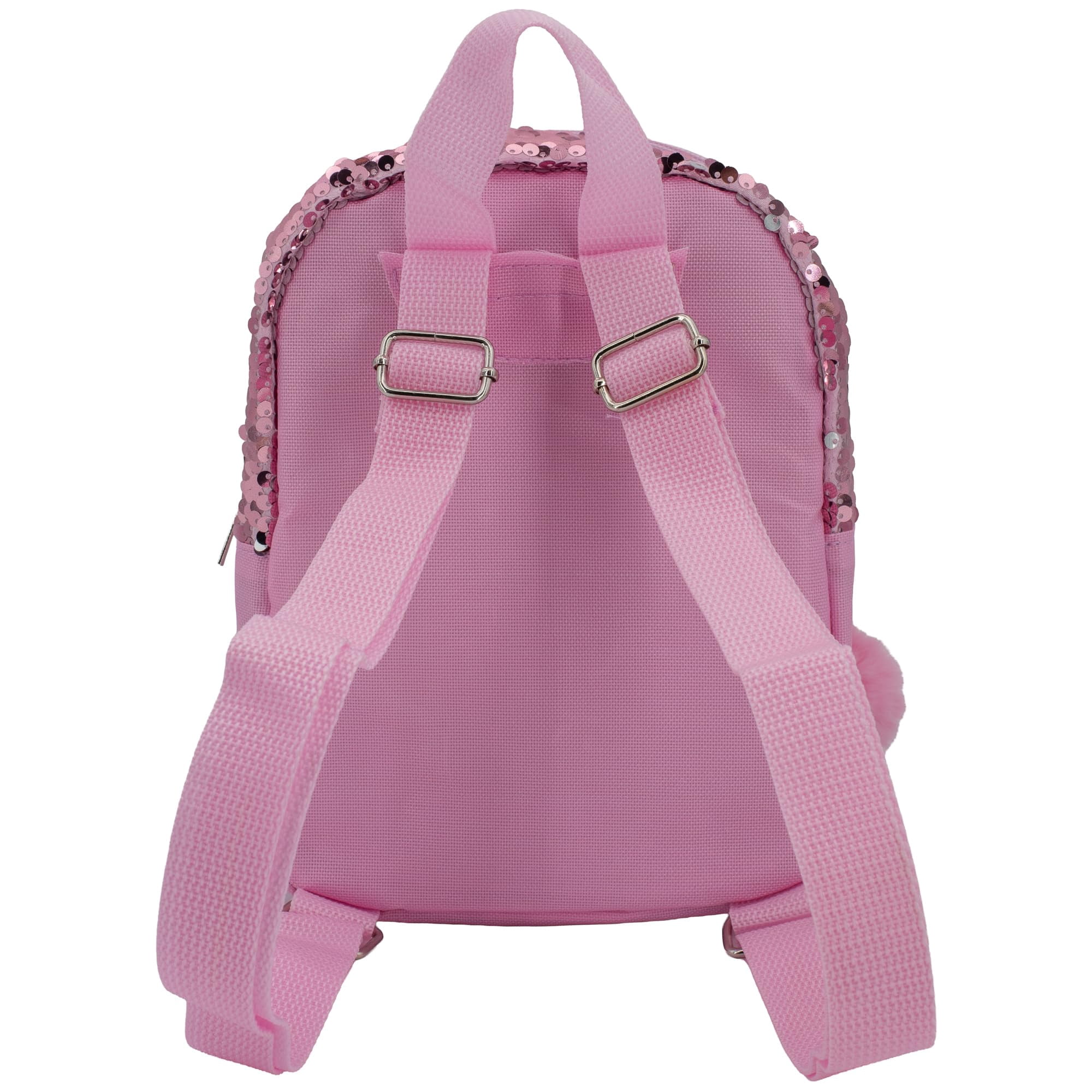 Barbie 9” Micro Mini Backpack Purse Featuring a 3D Heat Logo Patch, Sequins & Glitter PU, & Pompom Dangle, Pink
