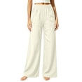 thumbnail image 2 of Women's Soft Cotton Loose Straight Leg Pants with Elastic Waist, Casual Wide Leg Trousers with Side Pockets, Tummy Control, Summer Breathable, Work Lounge | TruHer,Beige M, 2 of 8